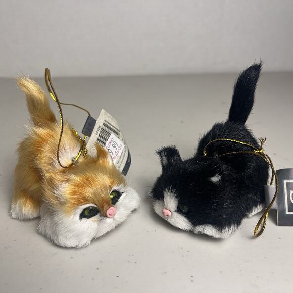 Cat Kitten Faux Fur Christmas Ornament Miniature Mini Glass Eyes Orange Black - Picture 3 of 15